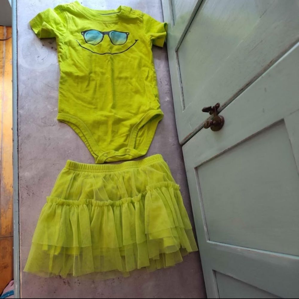Jumping Beans Lime Green 2 Piece Onesie & Ruffle Tulle Skirt 18 & 24 months